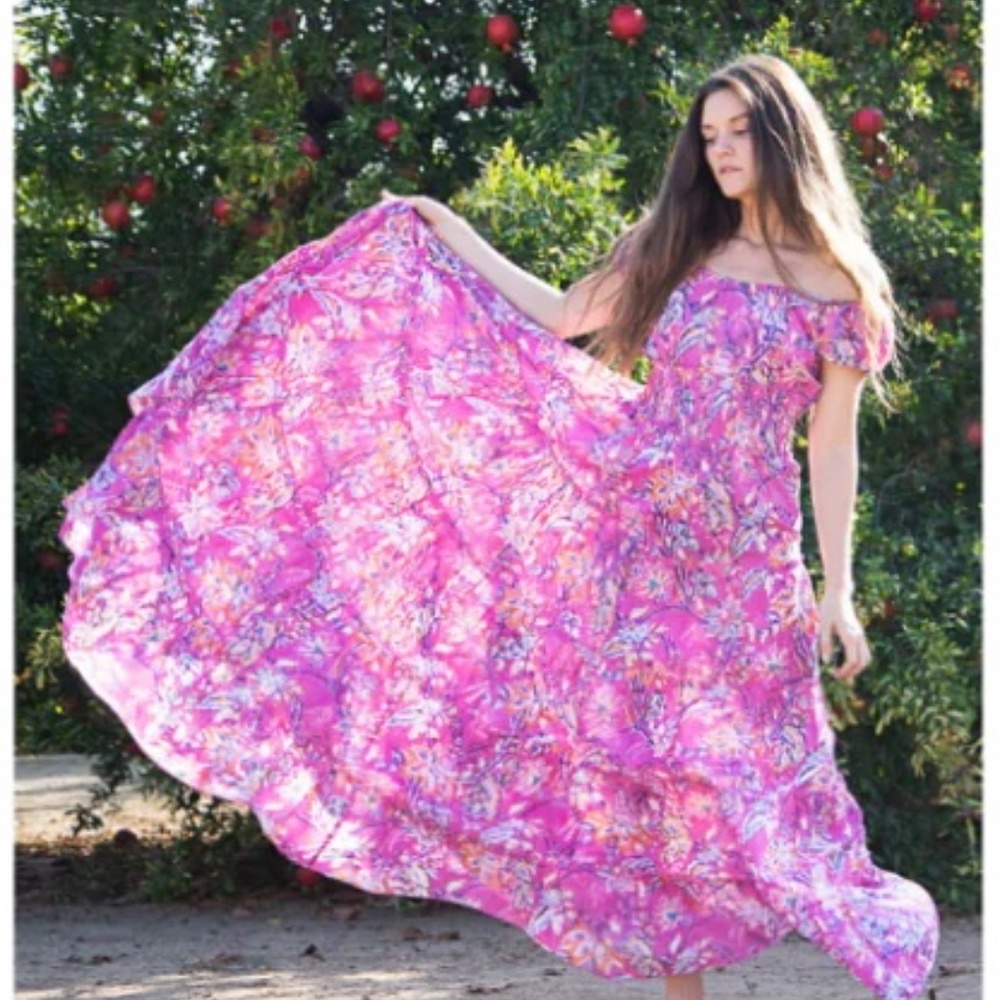 The Fox and the Mermaid Pink Floral Smocked Tiered Cotton Maxi Dress M Boho New